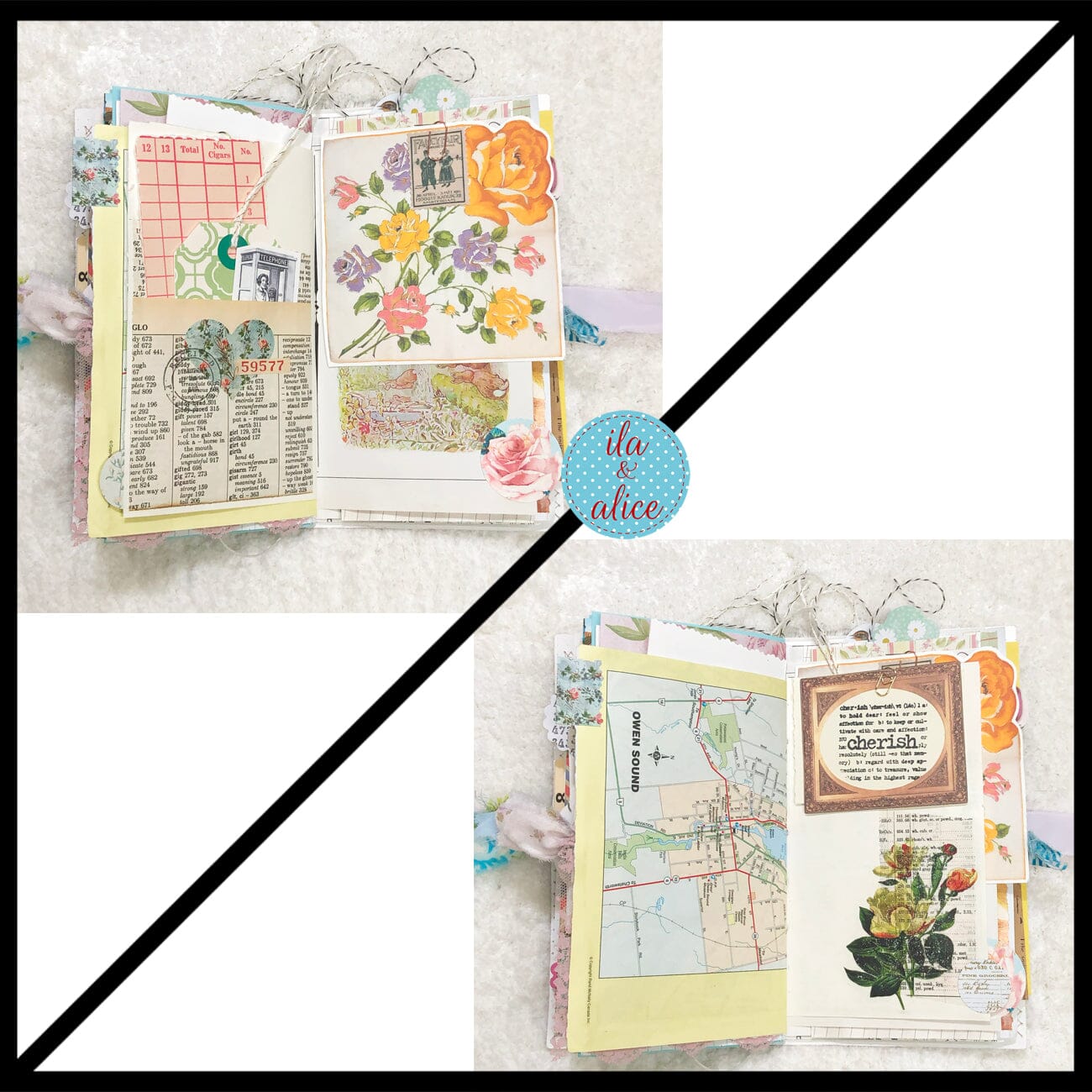 Whimsical Shabby Junk Journal- Blue Floral Mixed Media with Peacock and Lace Journal ila & alice 