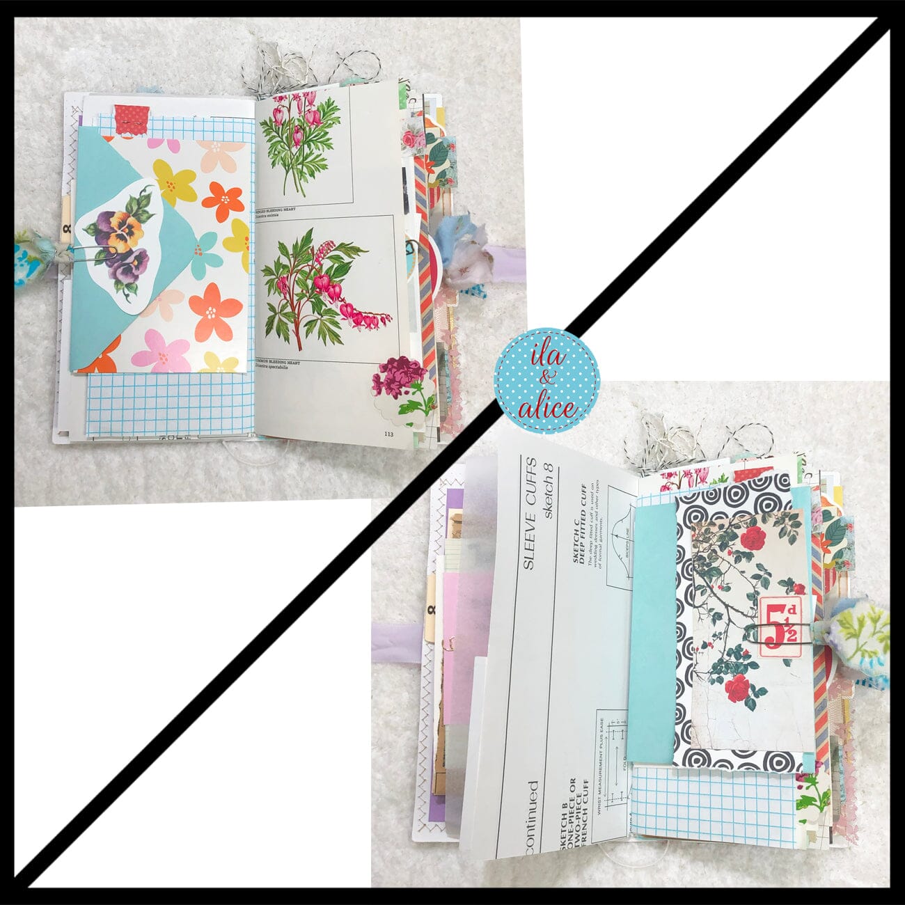 Whimsical Shabby Junk Journal- Blue Floral Mixed Media with Peacock and Lace Journal ila & alice 