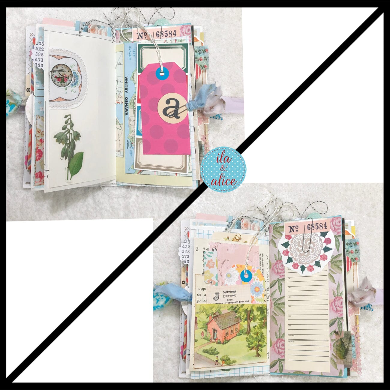Whimsical Shabby Junk Journal- Blue Floral Mixed Media with Peacock and Lace Journal ila & alice 