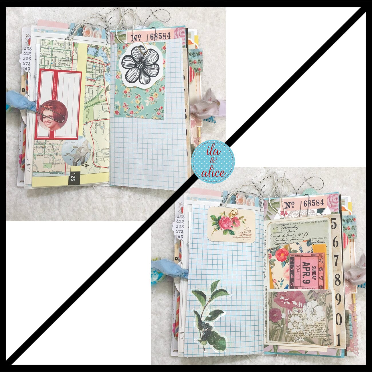 Whimsical Shabby Junk Journal- Blue Floral Mixed Media with Peacock and Lace Journal ila & alice 