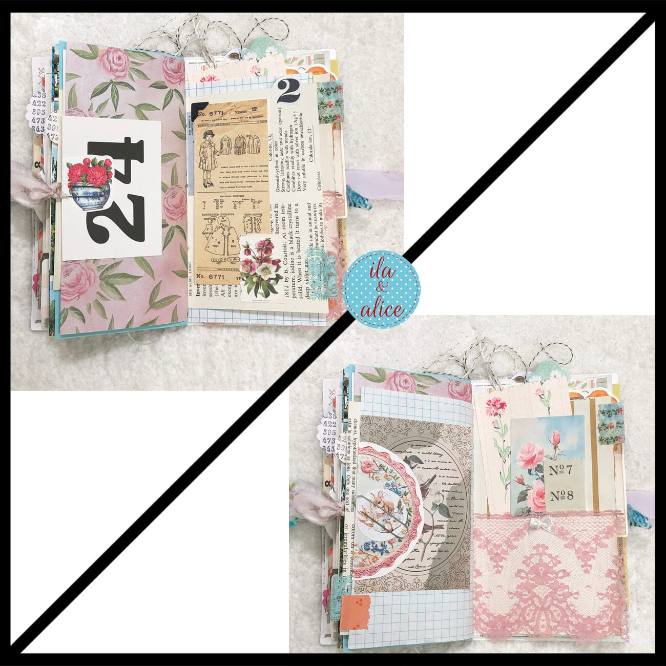 Whimsical Shabby Junk Journal- Blue Floral Mixed Media with Peacock and Lace Journal ila & alice 