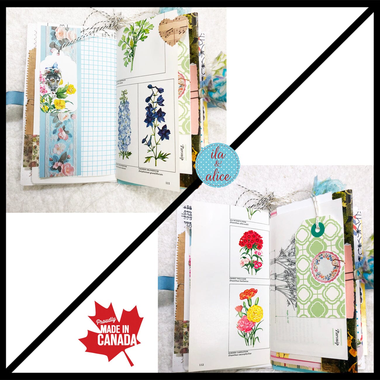 Whimsical Shabby Junk Journal- Blue Vintage Wallpaper with Blue Flowers and Lace Journal ila & alice 