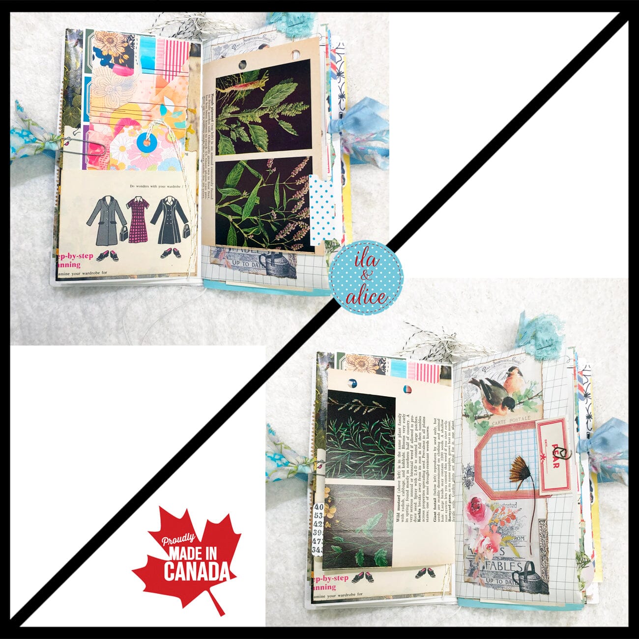 Whimsical Shabby Junk Journal- Blue Vintage Wallpaper with Blue Flowers and Lace Journal ila & alice 