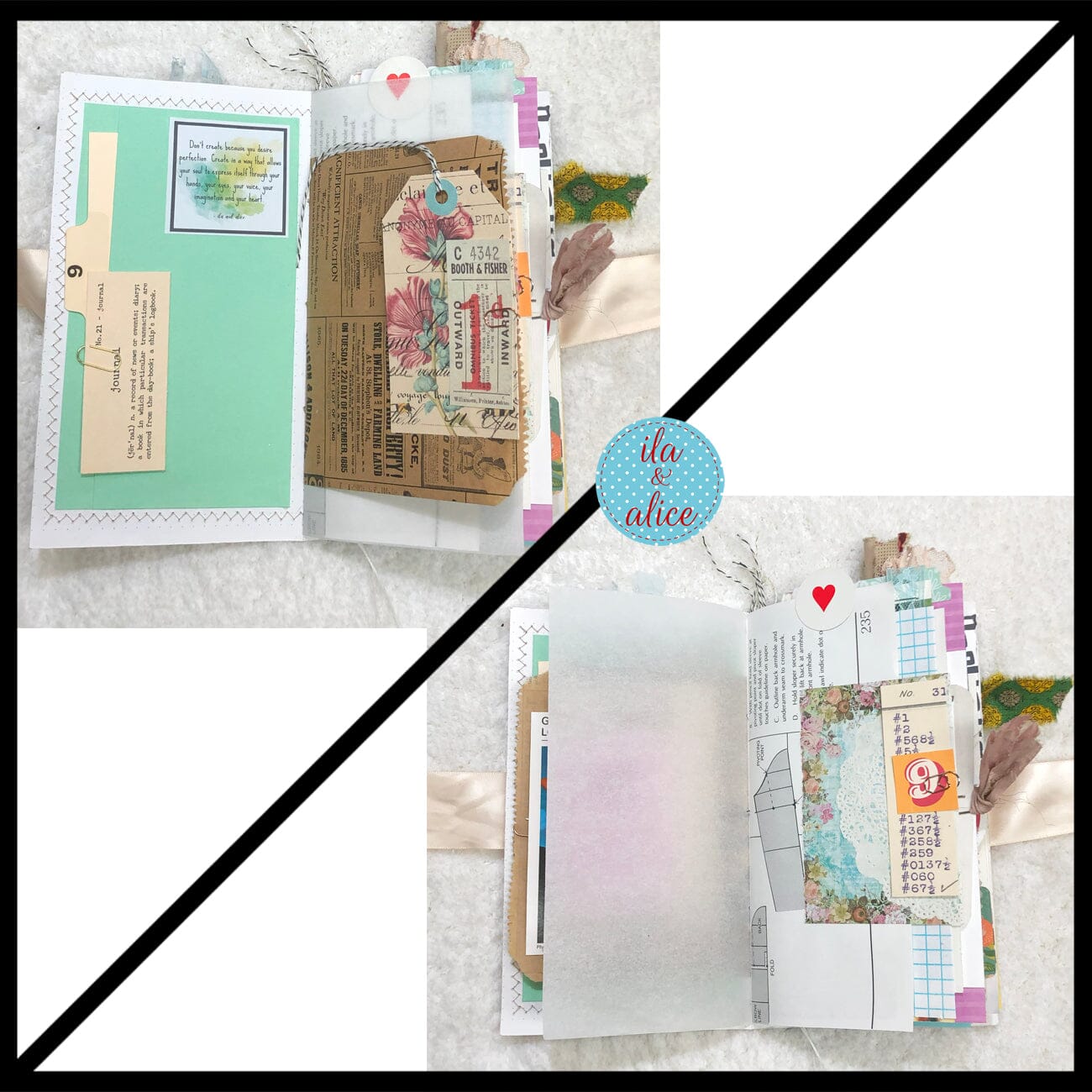 Whimsical Shabby Junk Journal- Elegant Collage with Fowers, Butterfly and Lace Journal ila & alice 