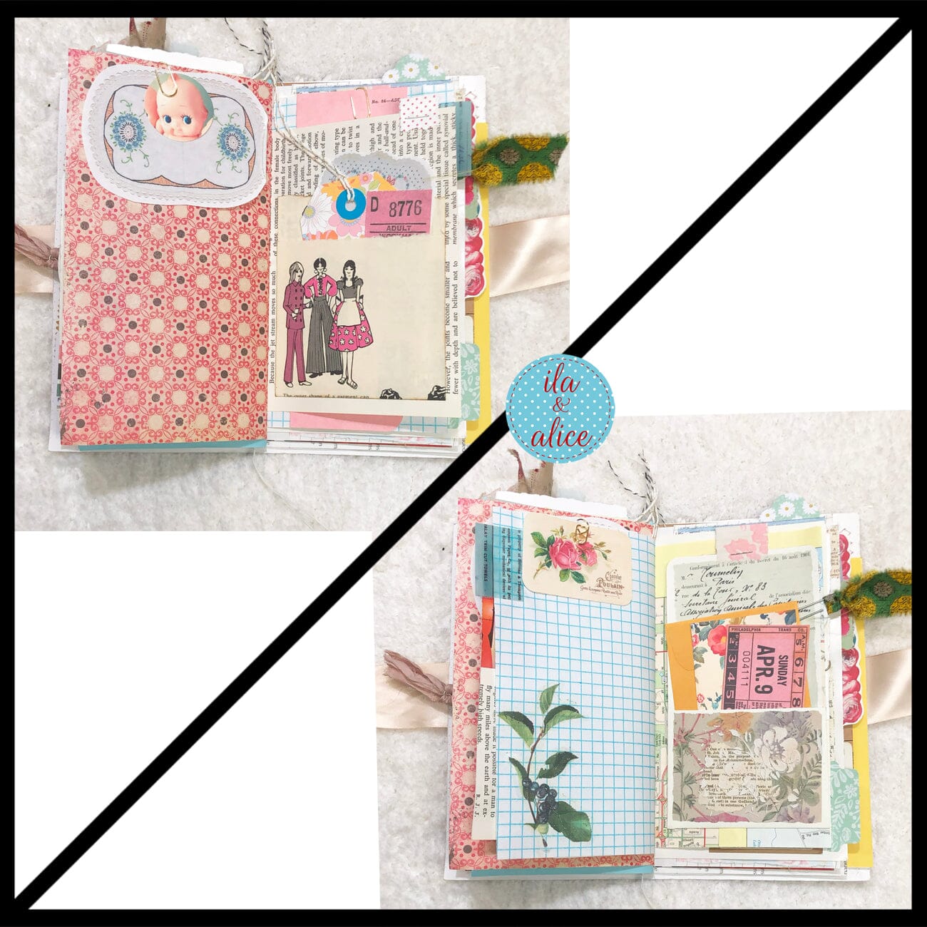 Whimsical Shabby Junk Journal- Elegant Collage with Fowers, Butterfly and Lace Journal ila & alice 