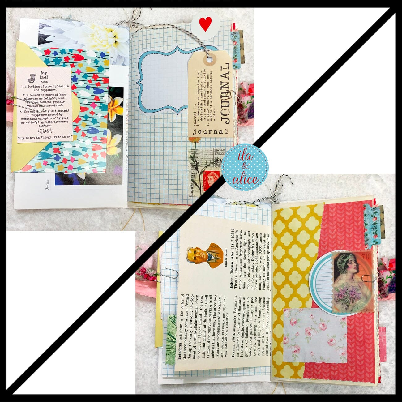 Whimsical Shabby Junk Journal- Pink and Blue Mixed Media w Polka Dots Blue Birds & Daisies Journal ila & alice 