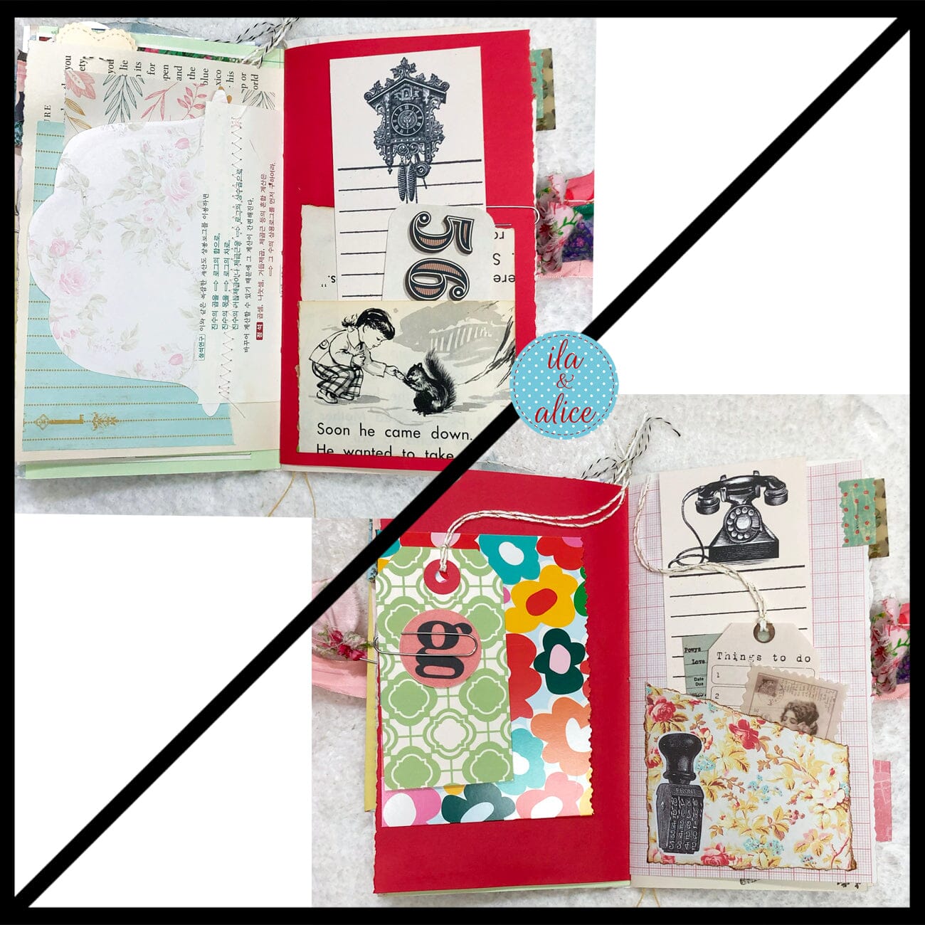 Whimsical Shabby Junk Journal- Pink and Blue Mixed Media w Polka Dots Blue Birds & Daisies Journal ila & alice 