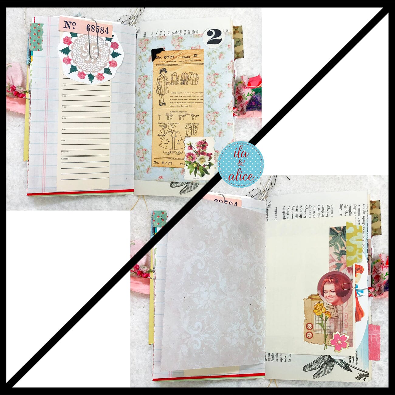 Whimsical Shabby Junk Journal- Pink and Blue Mixed Media w Polka Dots Blue Birds & Daisies Journal ila & alice 