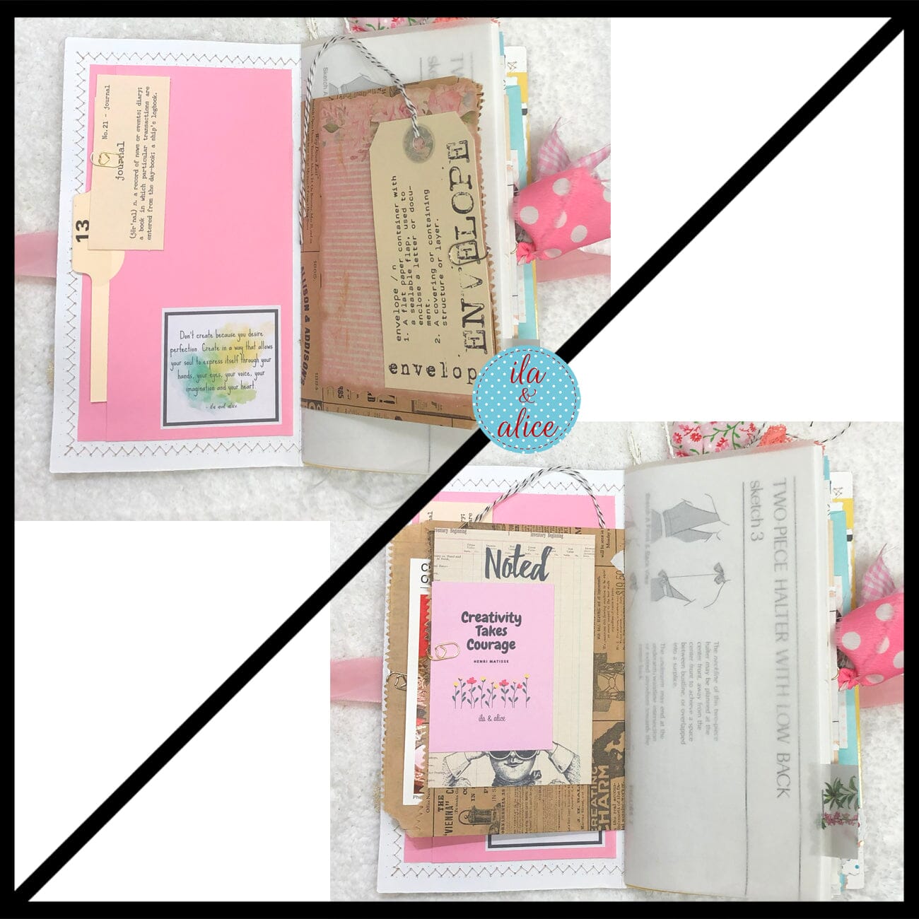 Whimsical Shabby Junk Journal- Pink and Blue Floral with White Eyelet Lace & Pink Roses Journal ila & alice 