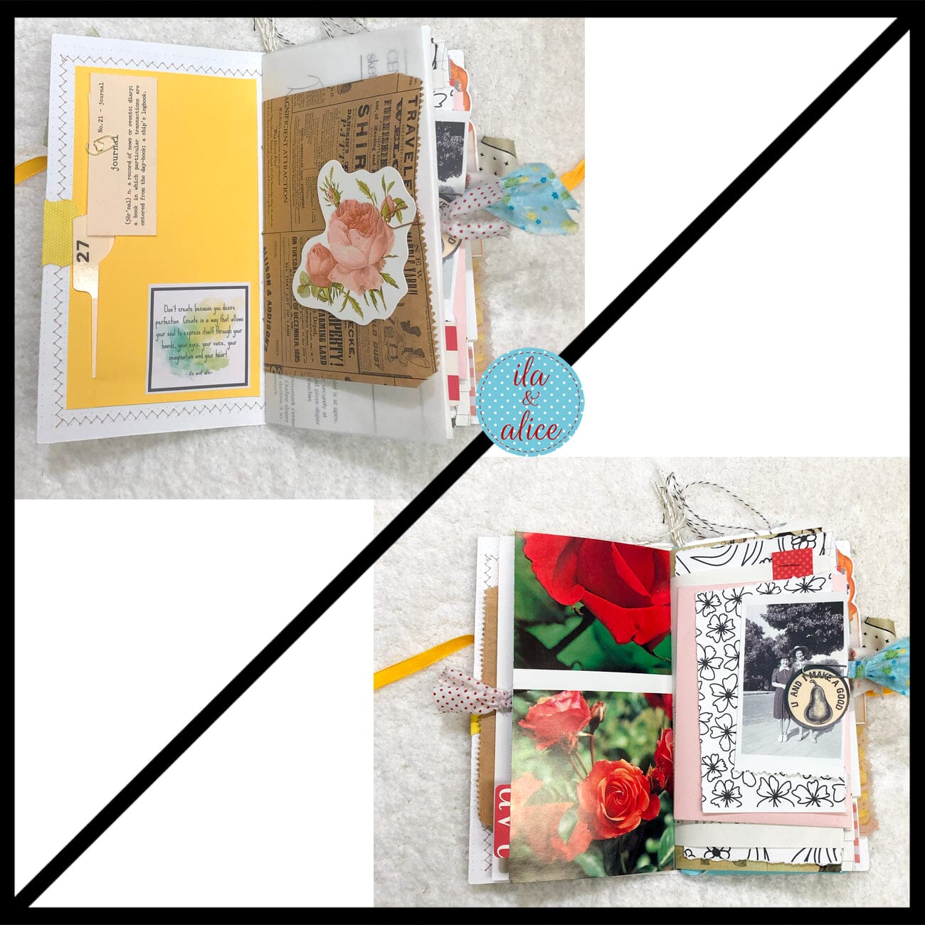 Whimsical Shabby Junk Journal- Pretty Yellow Roses Mixed Media with Lace and Ribbon Journal ila & alice 