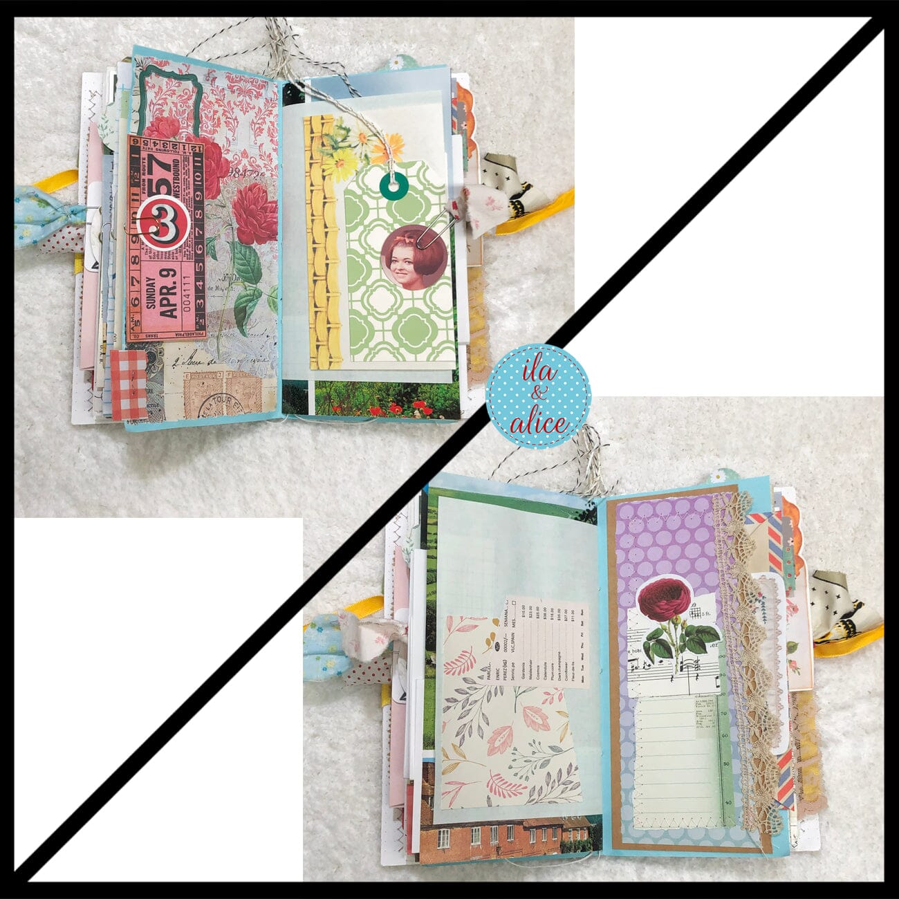 Whimsical Shabby Junk Journal- Pretty Yellow Roses Mixed Media with Lace and Ribbon Journal ila & alice 