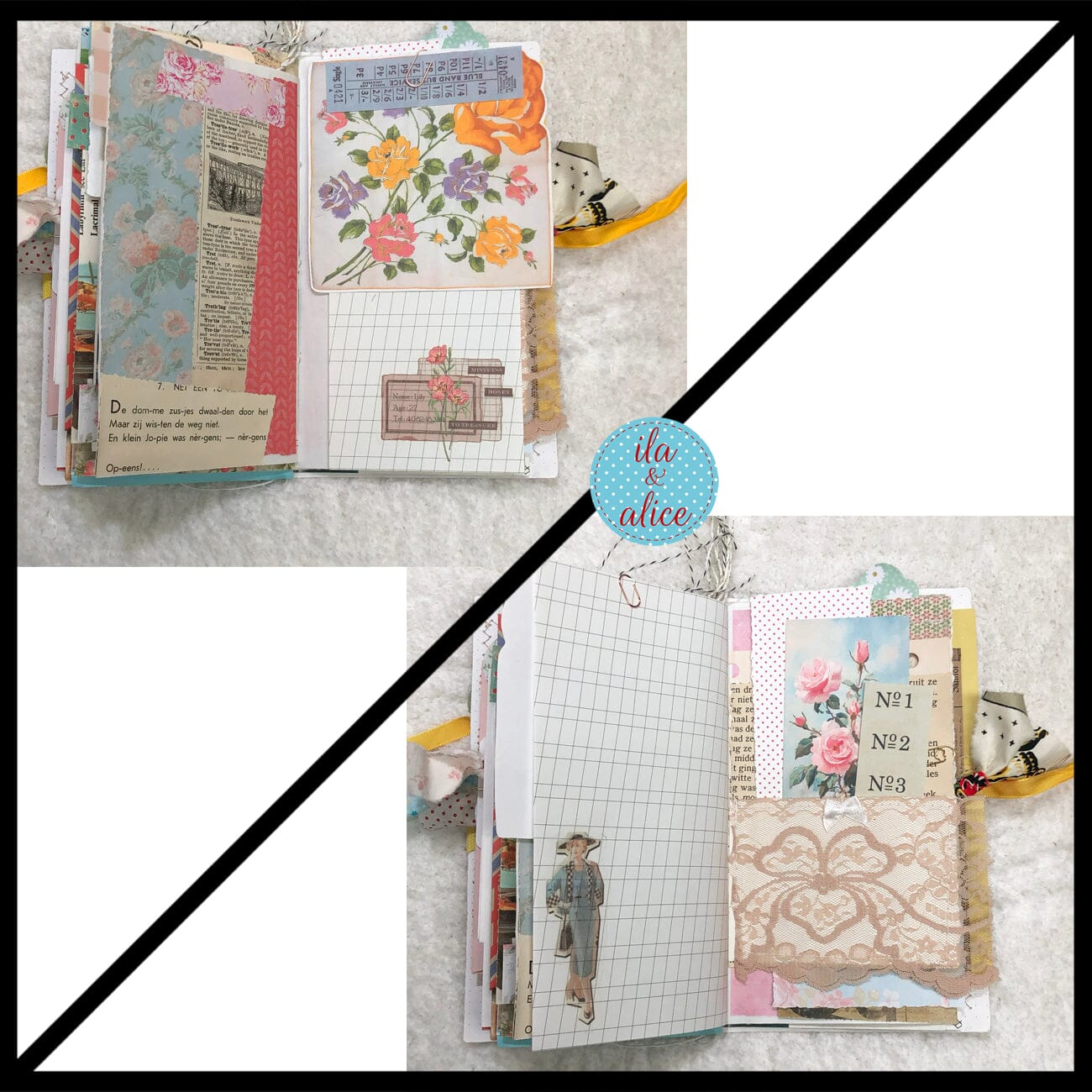 Whimsical Shabby Junk Journal- Pretty Yellow Roses Mixed Media with Lace and Ribbon Journal ila & alice 
