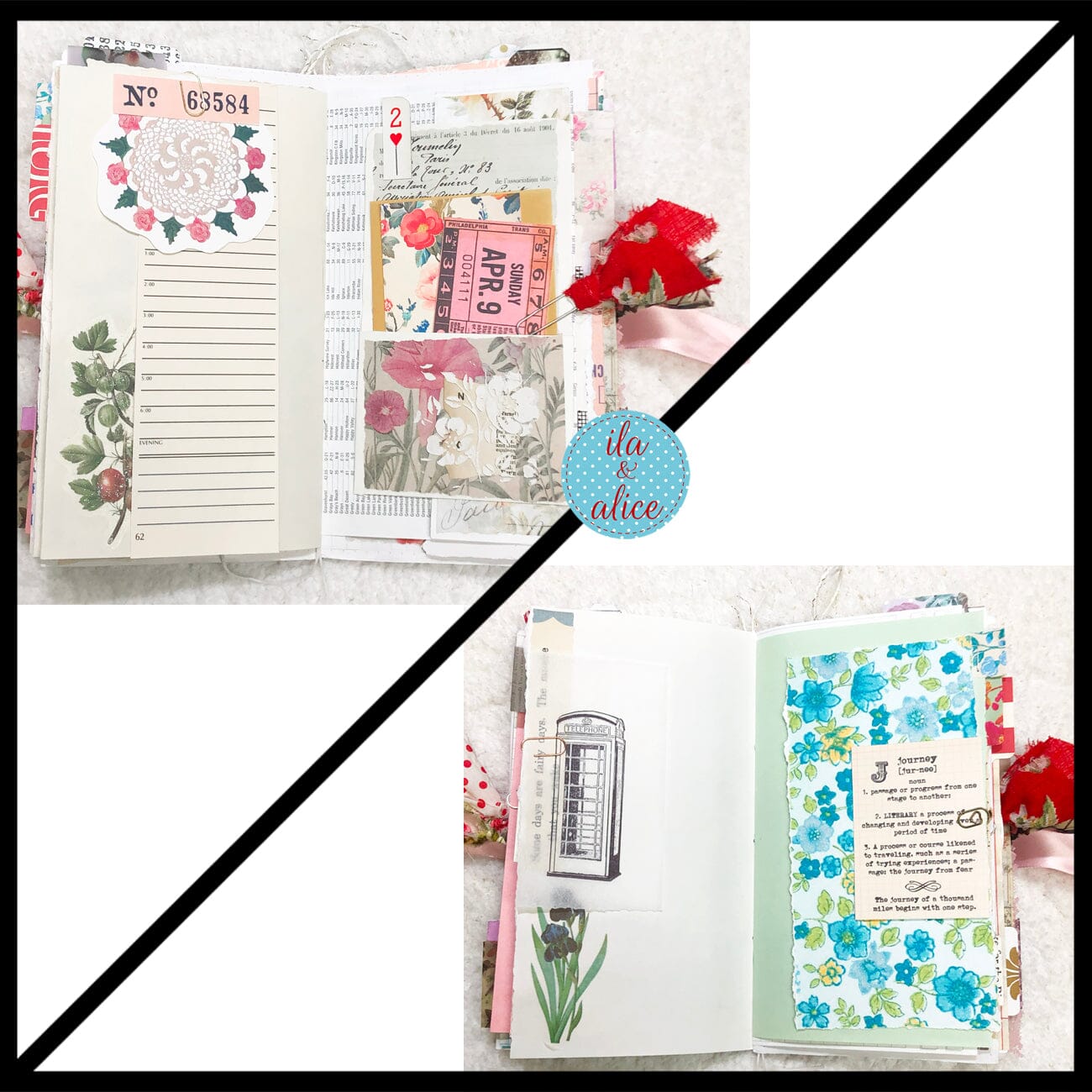 Whimsical Shabby Junk Journal- Pink and Blue with Polka Dots, Red Flowers and Lace Journal ila & alice 