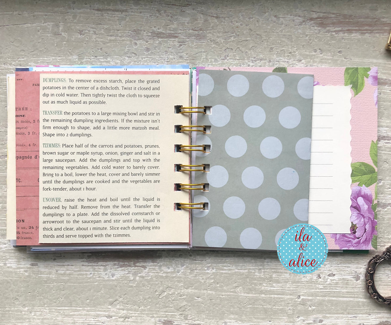 Handmade mini journal inside pages with vintage and vintage-inspired papers
