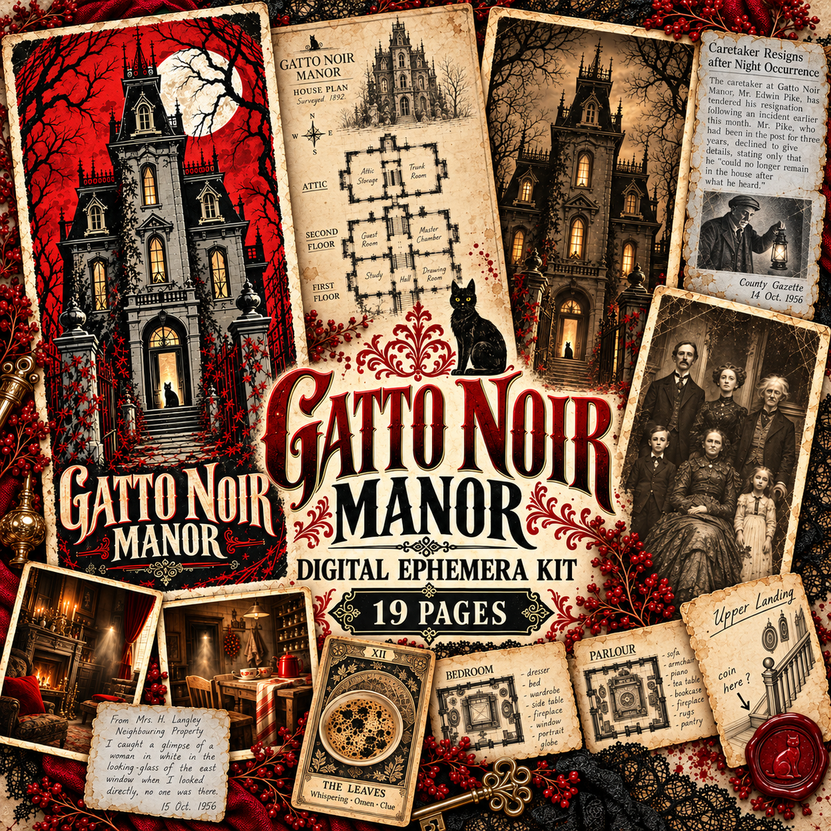 Gatto Noir Manor 19-page gothic digital ephemera kit