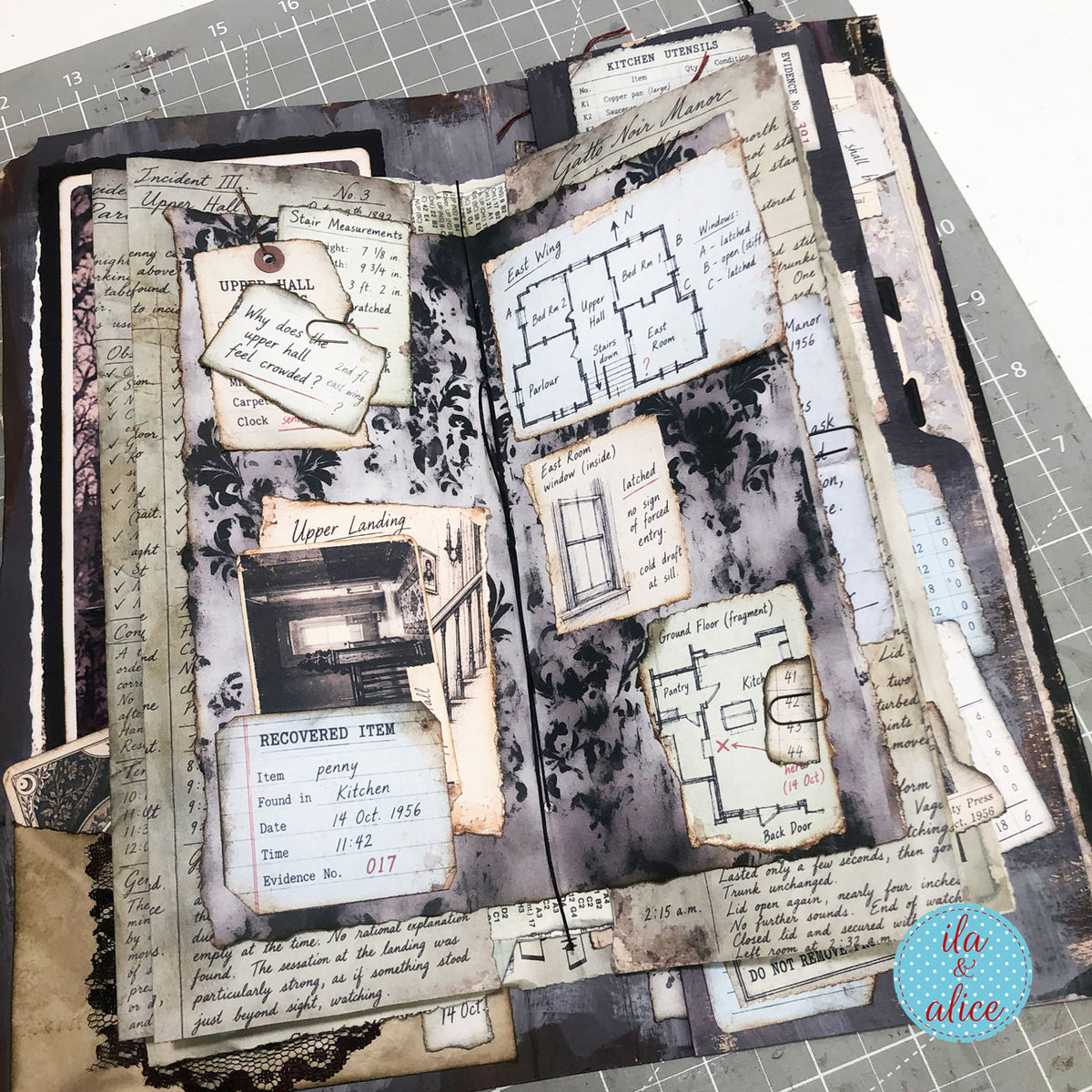 Gatto Noir Manor journal spread with floor plans, photographs and layered ephemera