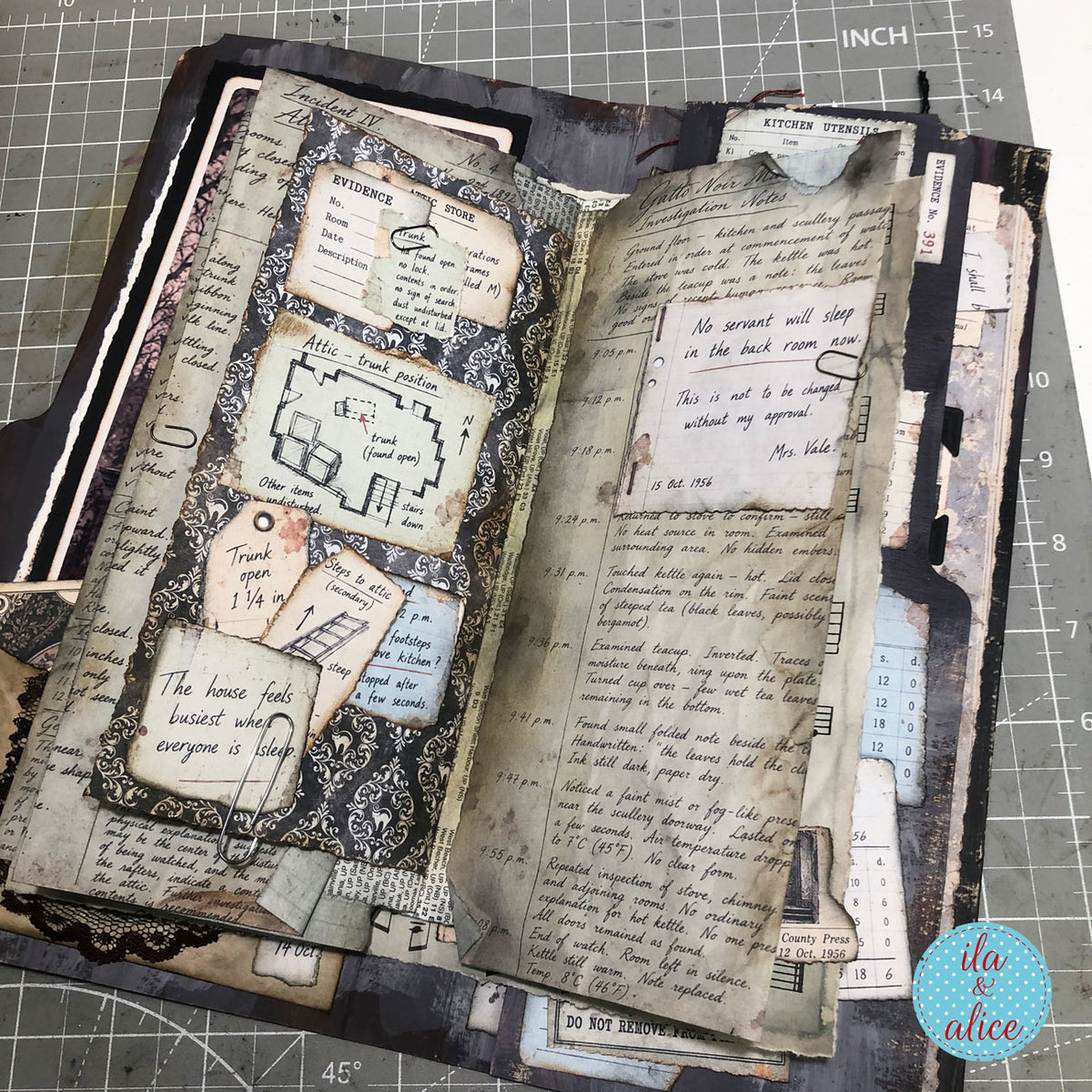 Gothic journal spread with handwritten notes, labels and layered printable tags