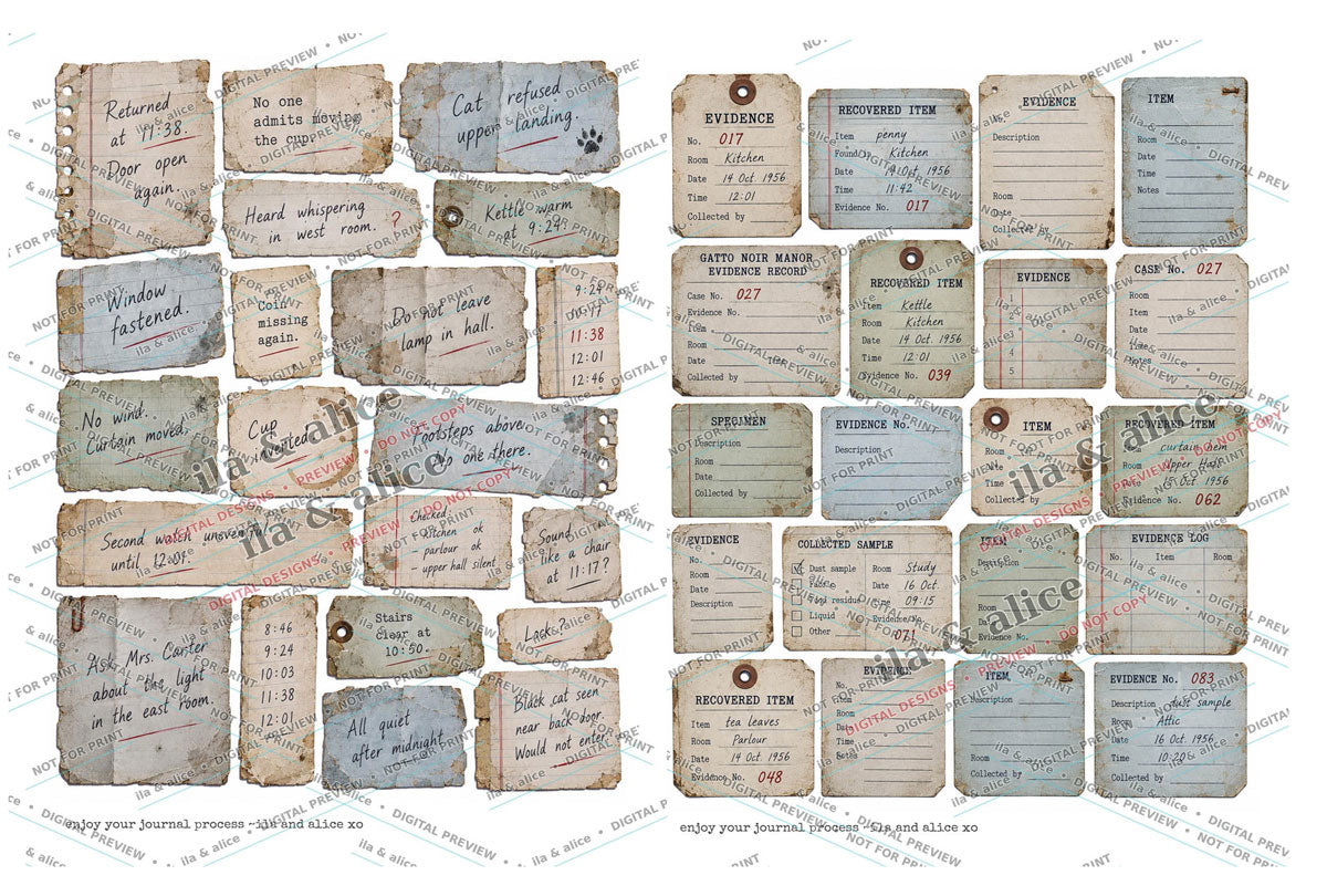 Preview of assorted vintage-style Gatto Noir Manor notes, labels and ephemera