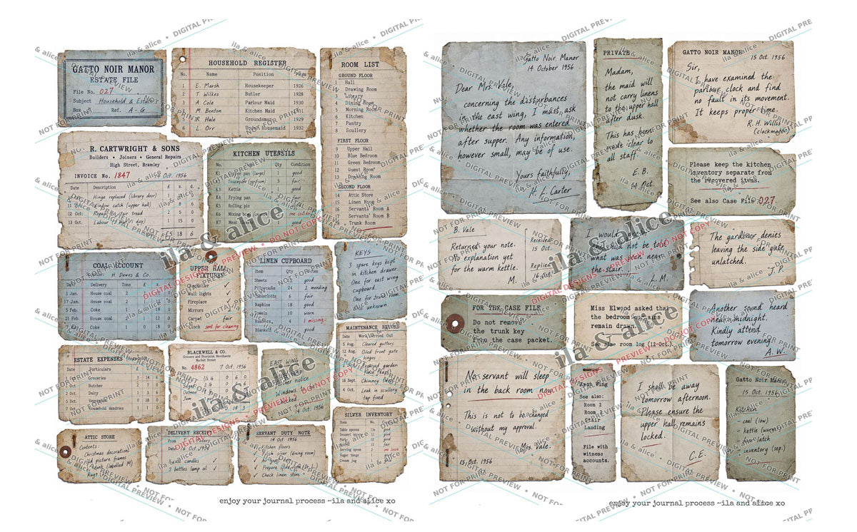 Preview of printable Gatto Noir Manor documents, notes and gothic journal pieces