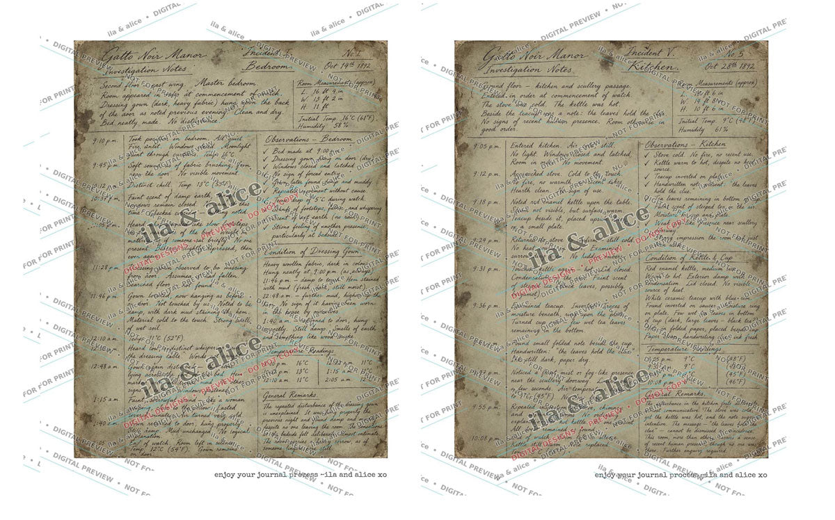 Preview of aged handwritten Gatto Noir Manor printable journal pages