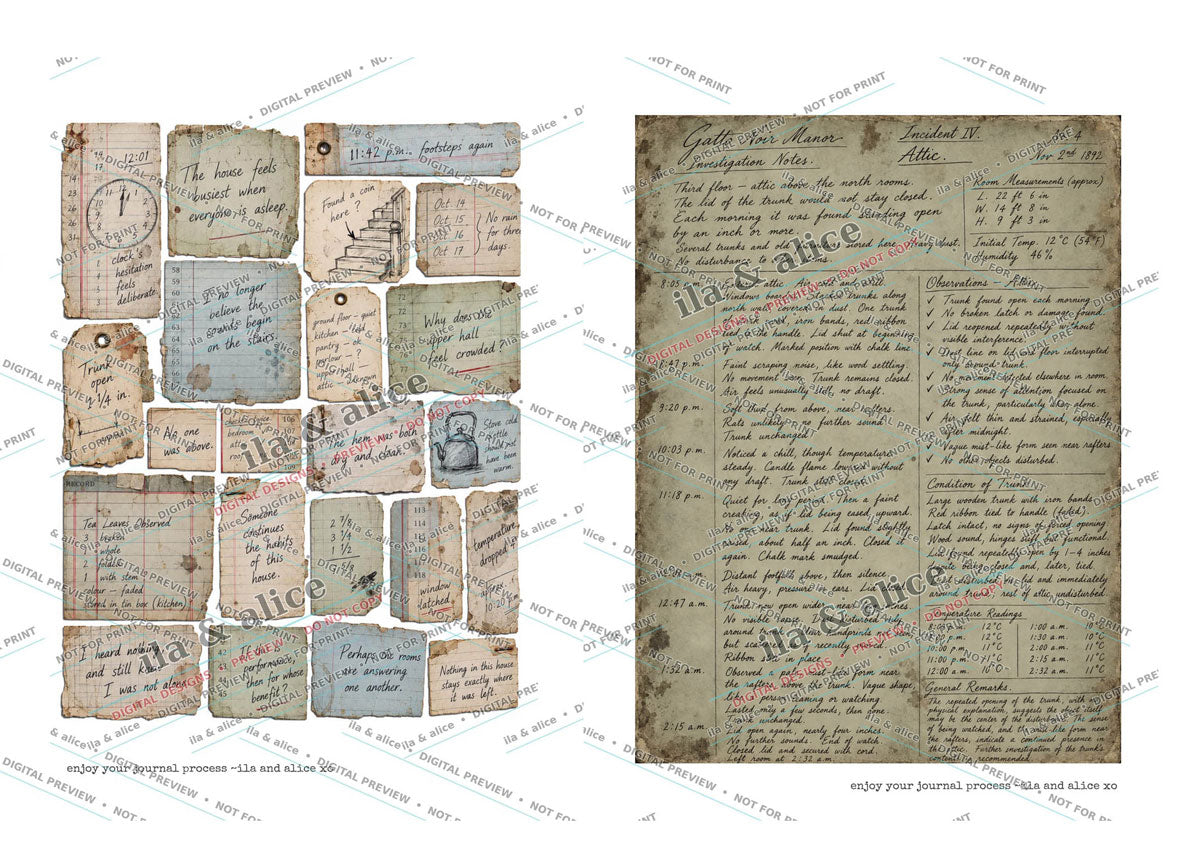 Preview of Gatto Noir Manor printable notes, documents and handwritten journal pages