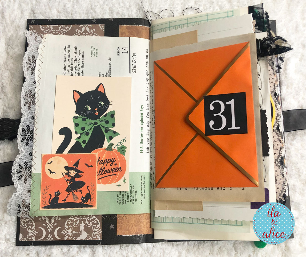 A handmade layered paper journal spread open to show two decorated pages. The left page features vintage-style text, a black cat illustration with a green bow tie, and a small orange 'Happy Halloween' card.