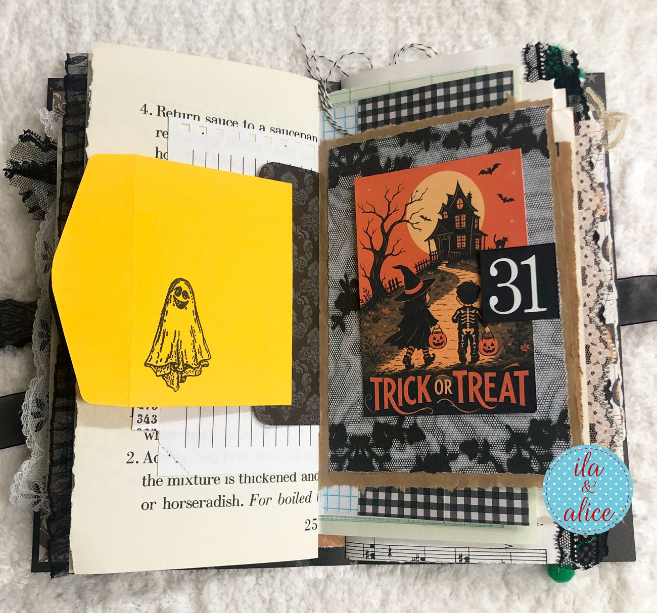 A handmade Halloween scrapbook album page featuring a ghost pull-out, a spooky haunted house card with '31 Trick or Treat' text, black and white plaid accents, and a blue polka dot logo sticker reading 'ita & alice'.