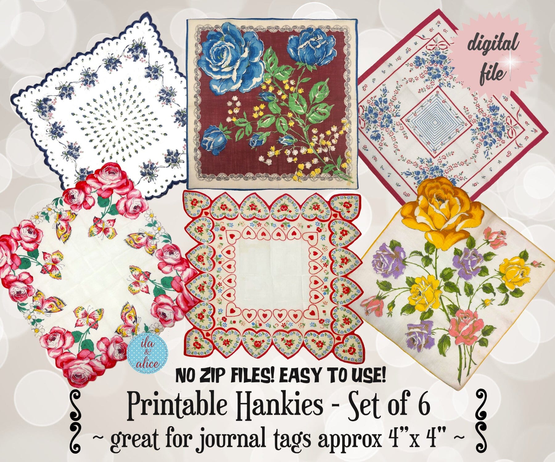 Pretty Floral Digital Hankies-Set of 6 Printable Vintage Hankies Journal ila & alice 