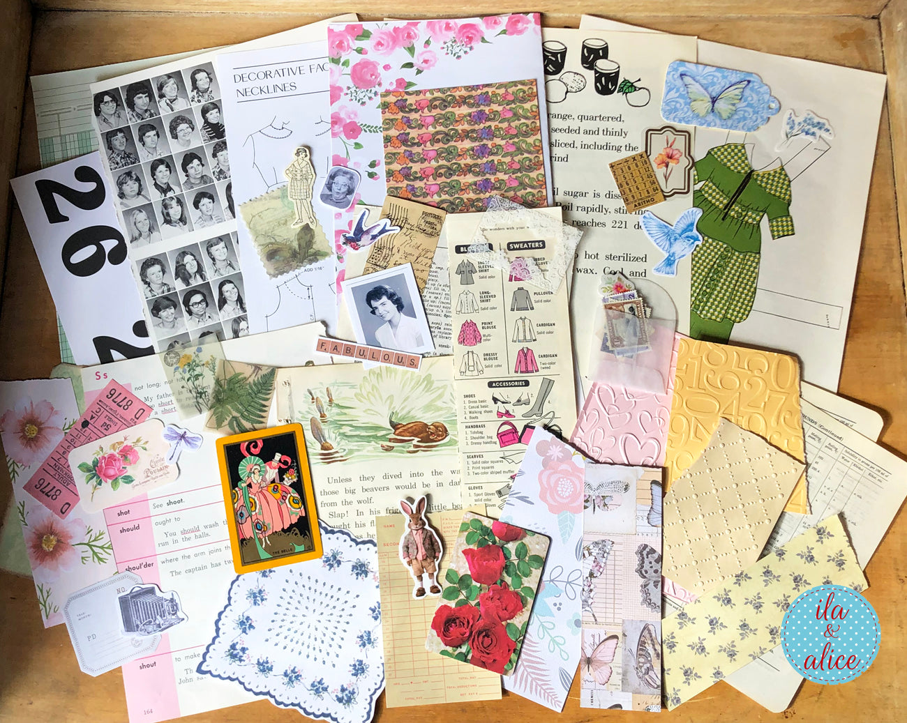 Curated 8x12 junk journal ephemera pack with layered papers, botanical elements, and tuck-able pieces. Vintage pieces of ephemera and vintage book pages included.