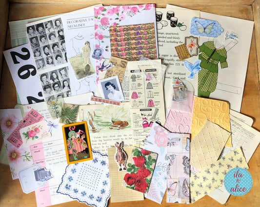Curated 8x12 junk journal ephemera pack with layered papers, botanical elements, and tuck-able pieces. Vintage pieces of ephemera and vintage book pages included.
