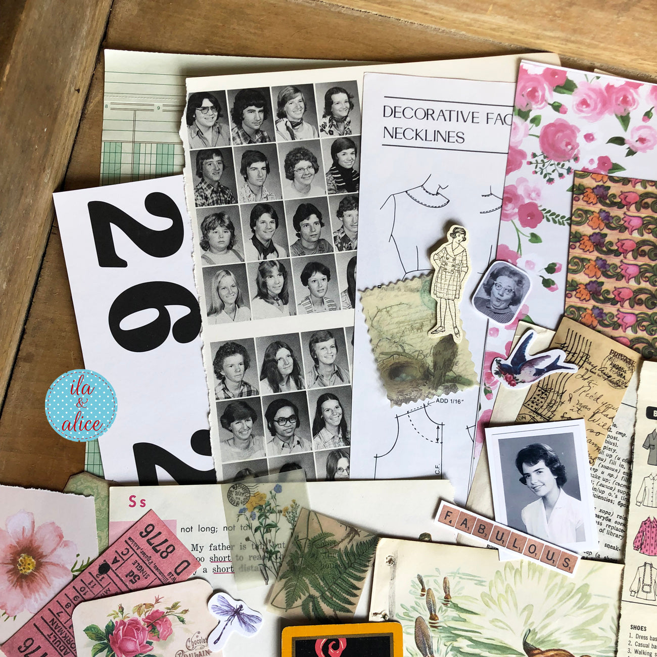 Curated 8x12 junk journal ephemera pack with layered papers, botanical elements, and tuck-able pieces. Vintage pieces of ephemera and vintage book pages included.