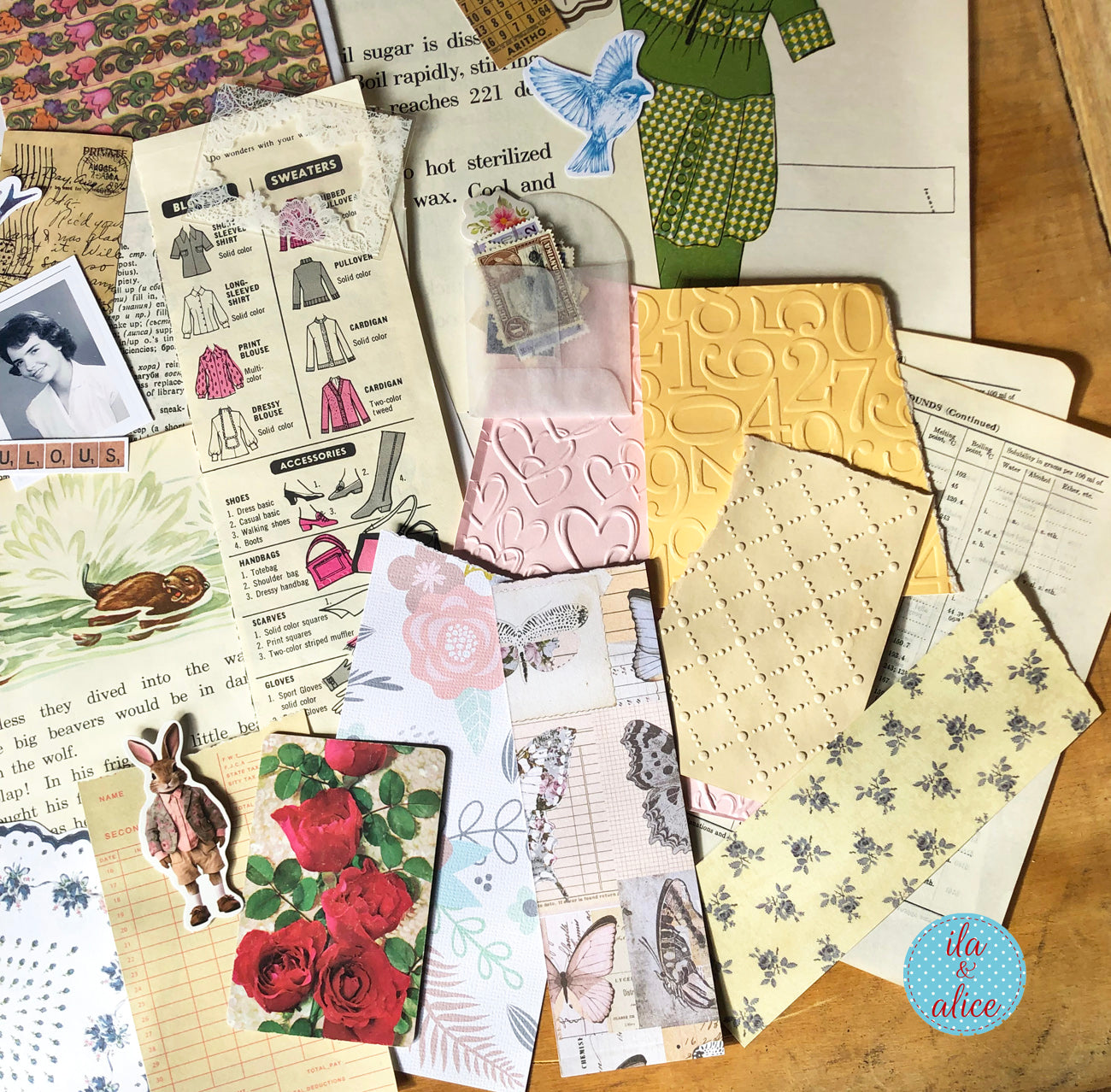 Curated 8x12 junk journal ephemera pack with layered papers, botanical elements, and tuck-able pieces. Vintage pieces of ephemera and vintage book pages included.