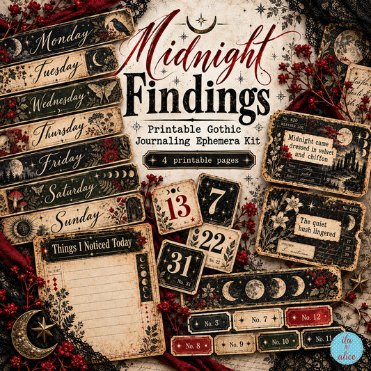Midnight Findings printable gothic journaling ephemera kit with moon phases, weekday strips, number pieces and vintage dark botanical artwork.