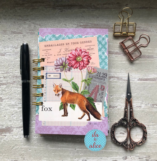 Warm, layered, and full of vintage woodland charm, this one-of-a-kind mini junk journal features a fox collage surrounded by floral and ephemera details.