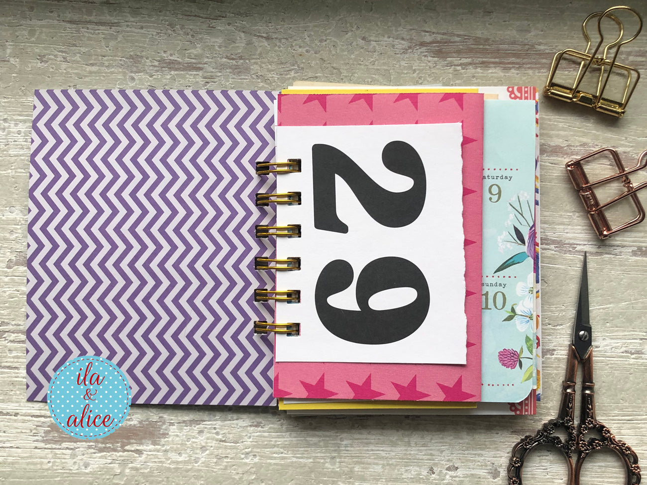 Mini junk journal inside page with layered vintage-inspired papers