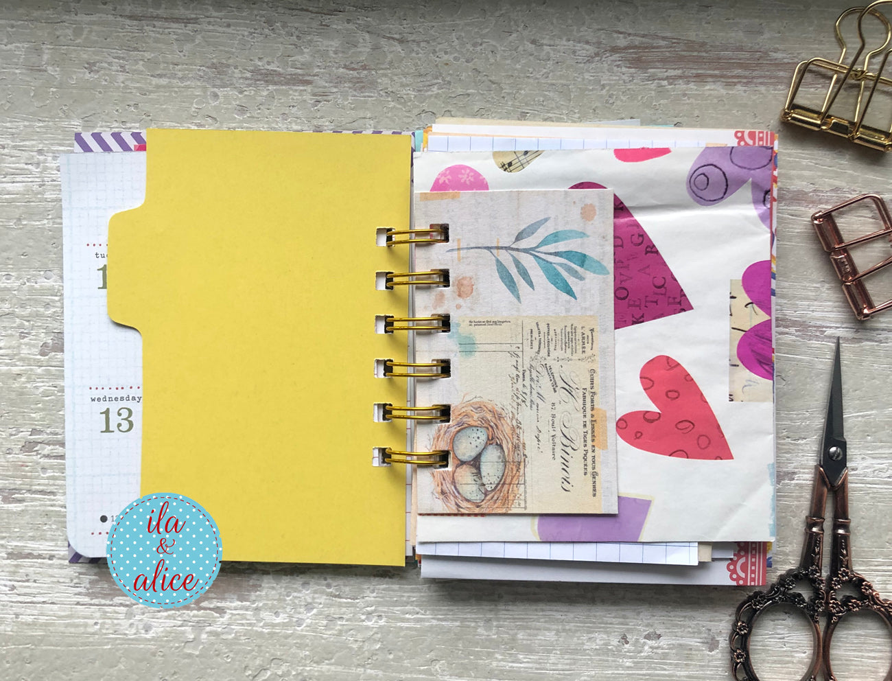 Mini junk journal inside page with layered vintage-inspired papers