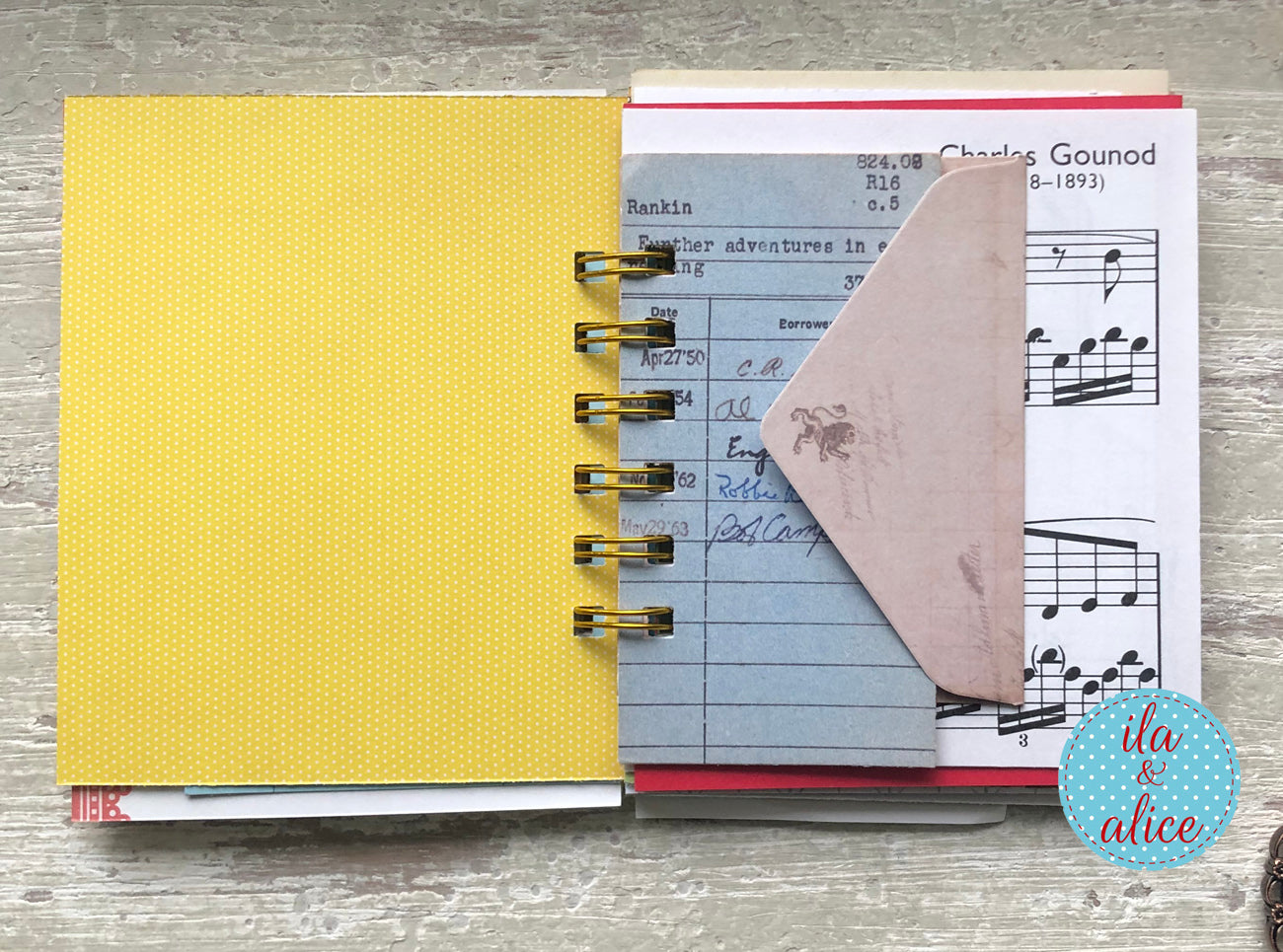 Mini junk journal inside page with layered vintage-inspired papers