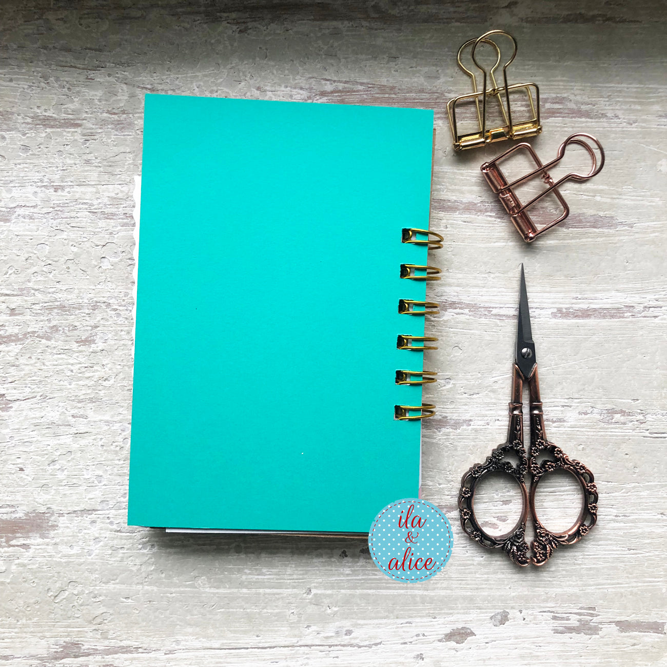 turquoise back of mini journal