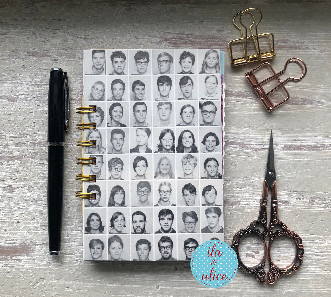 Mini junk journal with black and white vintage portrait photo collage cover, handmade spiral-bound vintage-style notebook