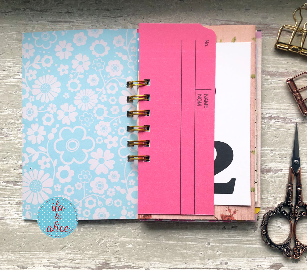 Mini junk journal inside page with layered vintage-inspired papers