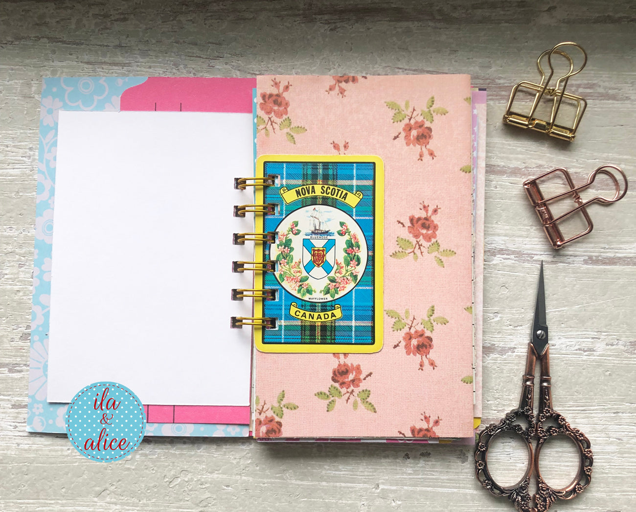 Mini junk journal inside page with layered vintage-inspired papers