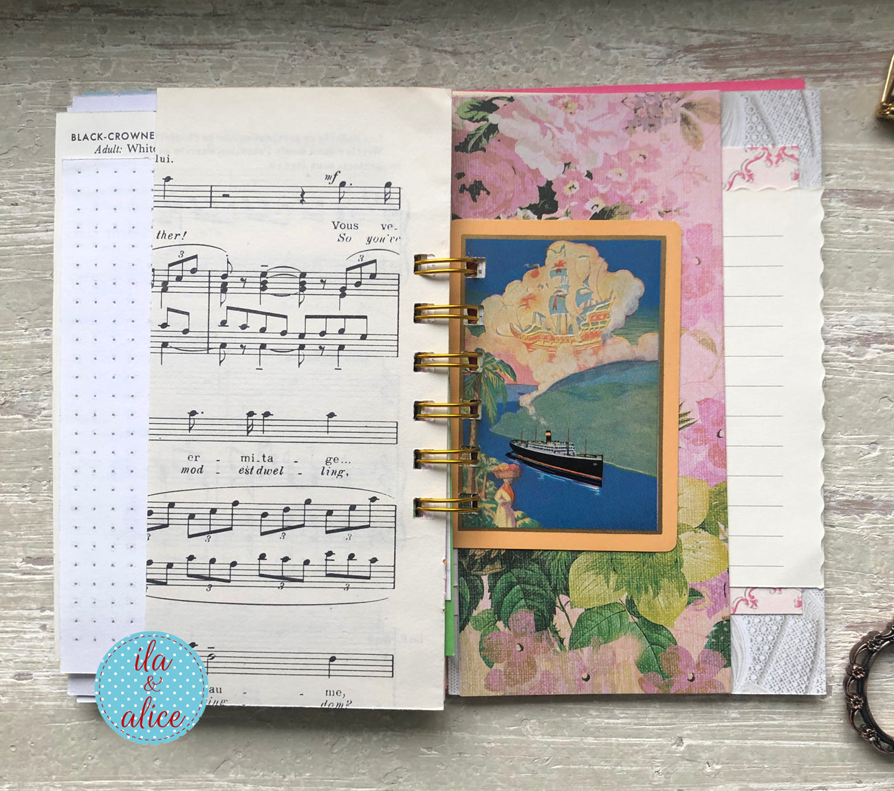 Mini junk journal inside page with layered vintage-inspired papers