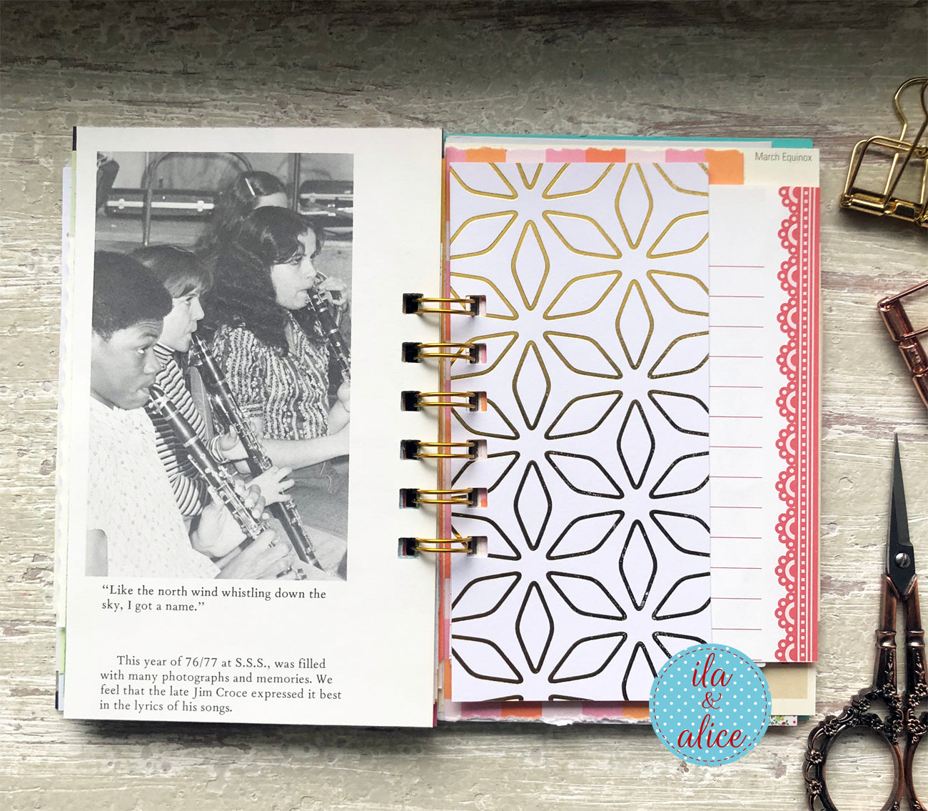 Inside spread of handmade mini junk journal with assorted paper layers