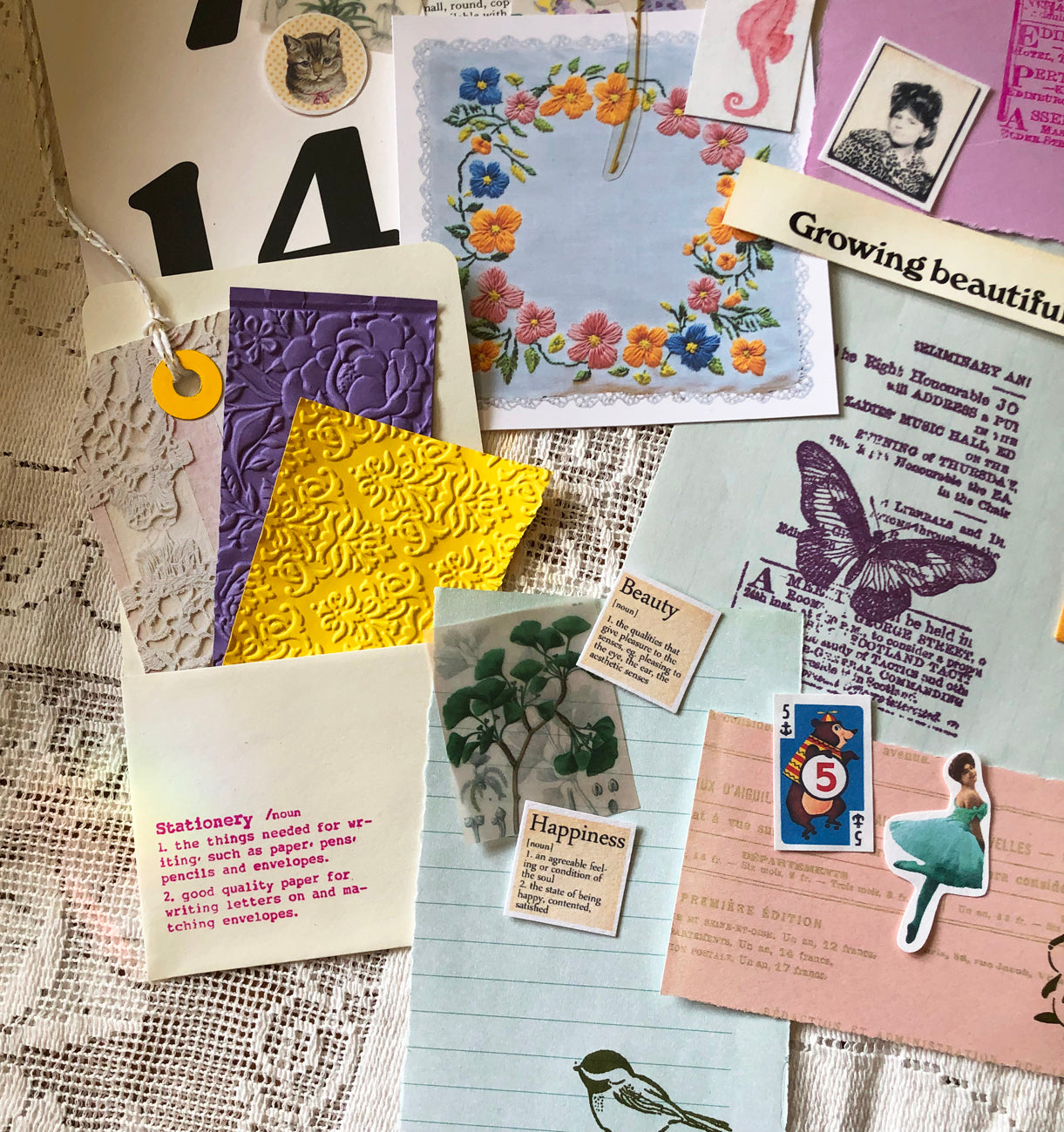 Curated 6x9 junk journal ephemera pack with layered papers, botanical elements, and tuck-able pieces. Vintage pieces of ephemera and vintage book pages included.