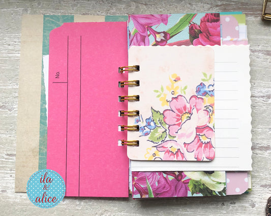 Mini handmade junk journal with mixed media, spiral bound notebook vintage pages