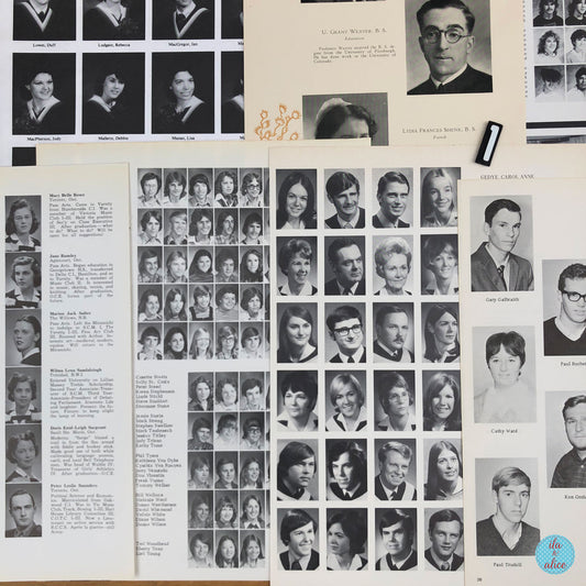 A vintage yearbook page spread featuring multiple black-and-white portrait photos of students, printed names, and a small black-and-white camera resting on the page.
