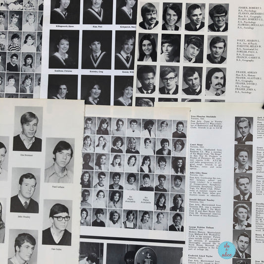 A collage of vintage black-and-white yearbook pages featuring multiple small portrait photos of people, with some names and text printed on the pages.