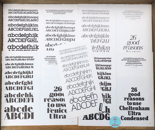 A collage of multiple font style samples and type specimen cards displaying different letterforms and weights, including '26 good reasons to use' and 'Cheltenham Ultra Condensed,' on a white background.