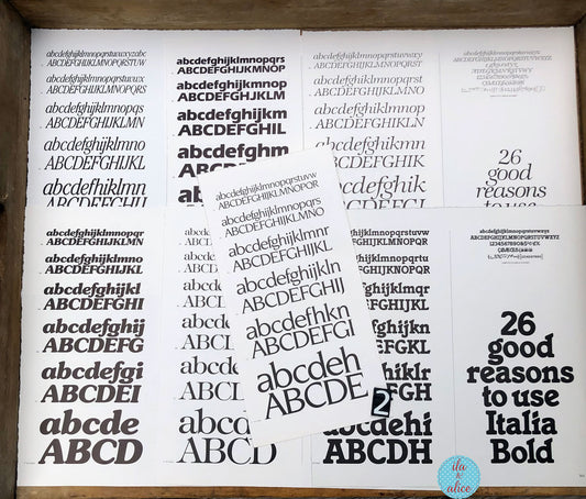 Several white book pages scattered on a white background, each printed with repeated black uppercase and lowercase alphabet lettering in varying font styles. A small circular logo in the bottom-right corner reads 'ila and alice'.