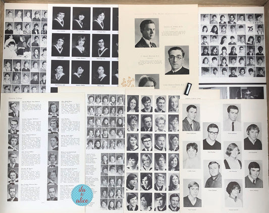 A vintage yearbook or alumni photo collage displayed flat, featuring numerous black-and-white portrait photographs of students and faculty, printed text columns, and a few color elements including a small blue circular logo near the bottom left.